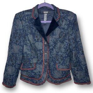 Vintage DKNY Size 4 Navy Jacquard Velvet Collar Red Trim Wool Blazer Jacket